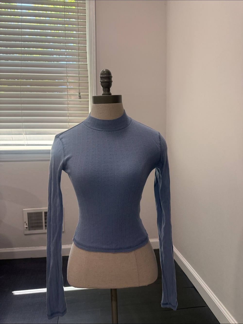 American Eagle Outfitters Dusty Blue Ribbed Mock Neck Long Sleeve Top